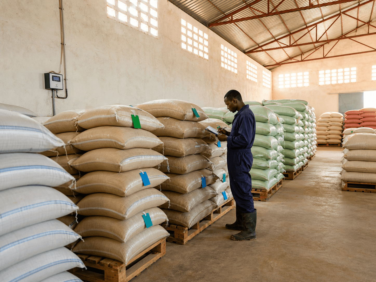 Multi-crop warehouse for agricultural sacks on pallets