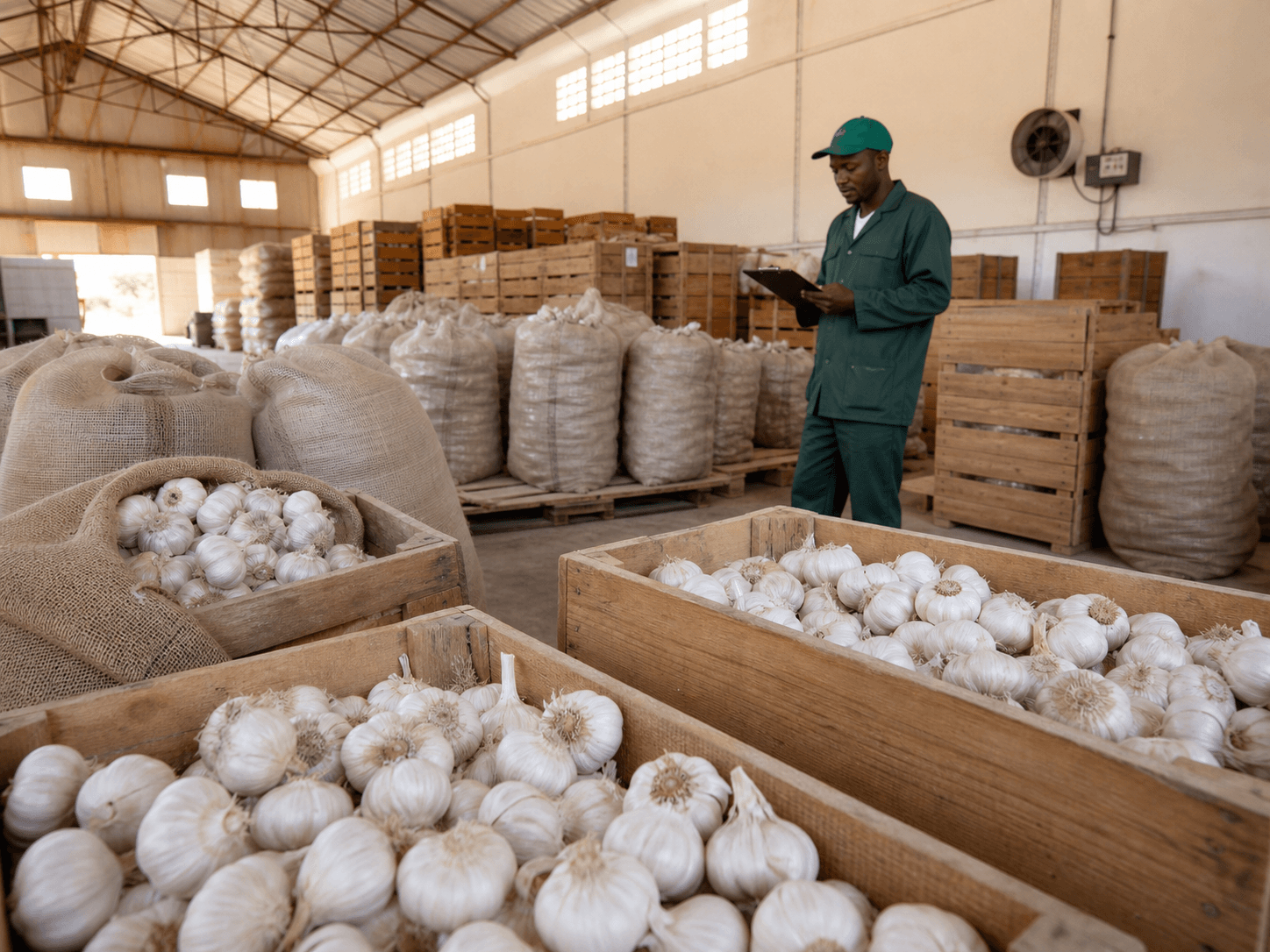 Garlic and onion bulbs stored in a ventilated warehouse